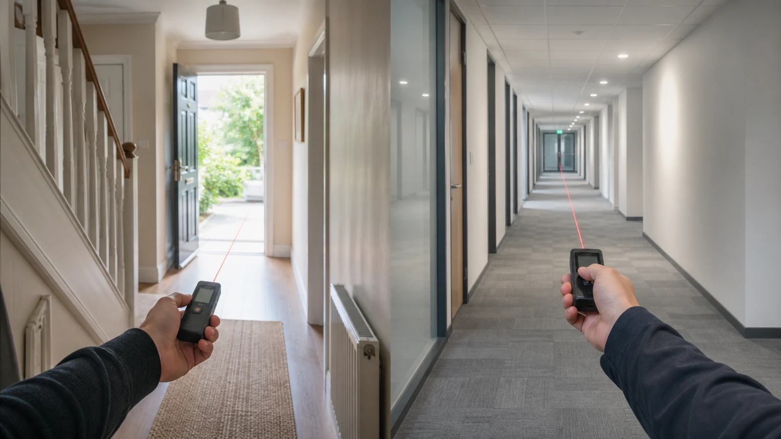 Comparison concept showing short indoor and longer corridor laser distance measuring in the UK