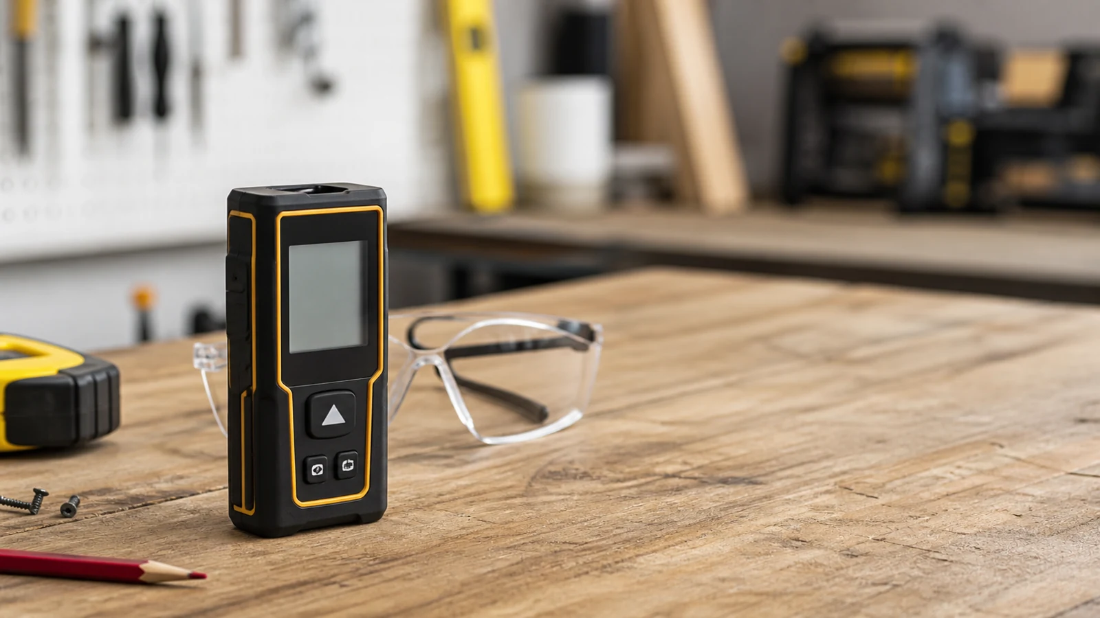 Handheld laser distance meter on a workbench illustrating Class 2 laser safety awareness