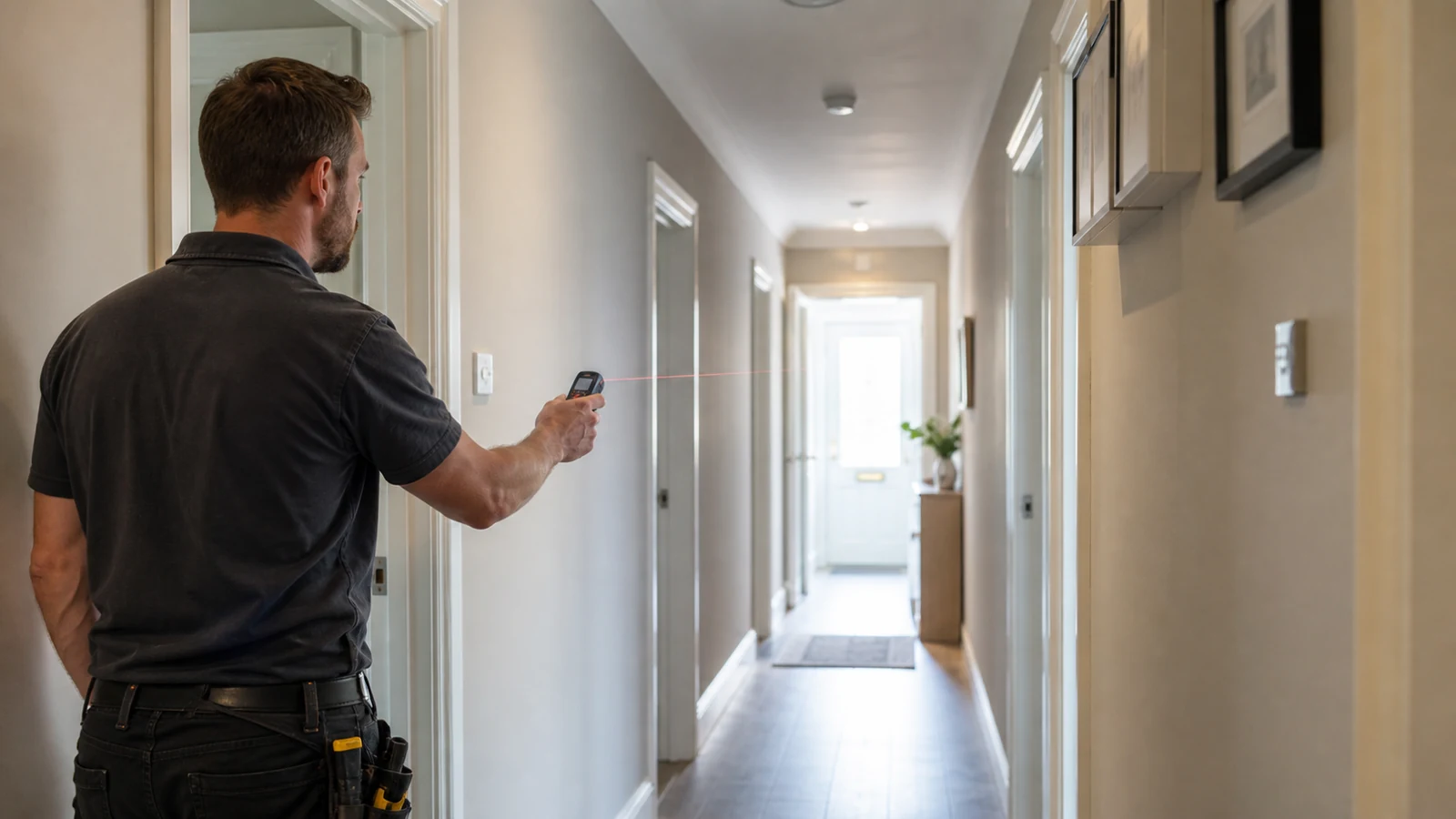 Tradesperson using continuous laser measuring along a UK hallway