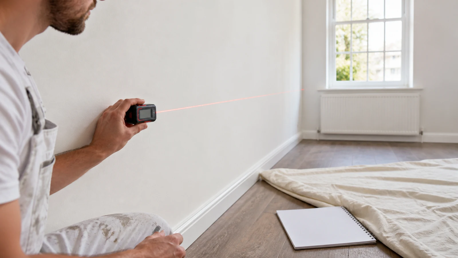 Decorator measuring an interior wall with a handheld laser distance meter for a UK painting quote