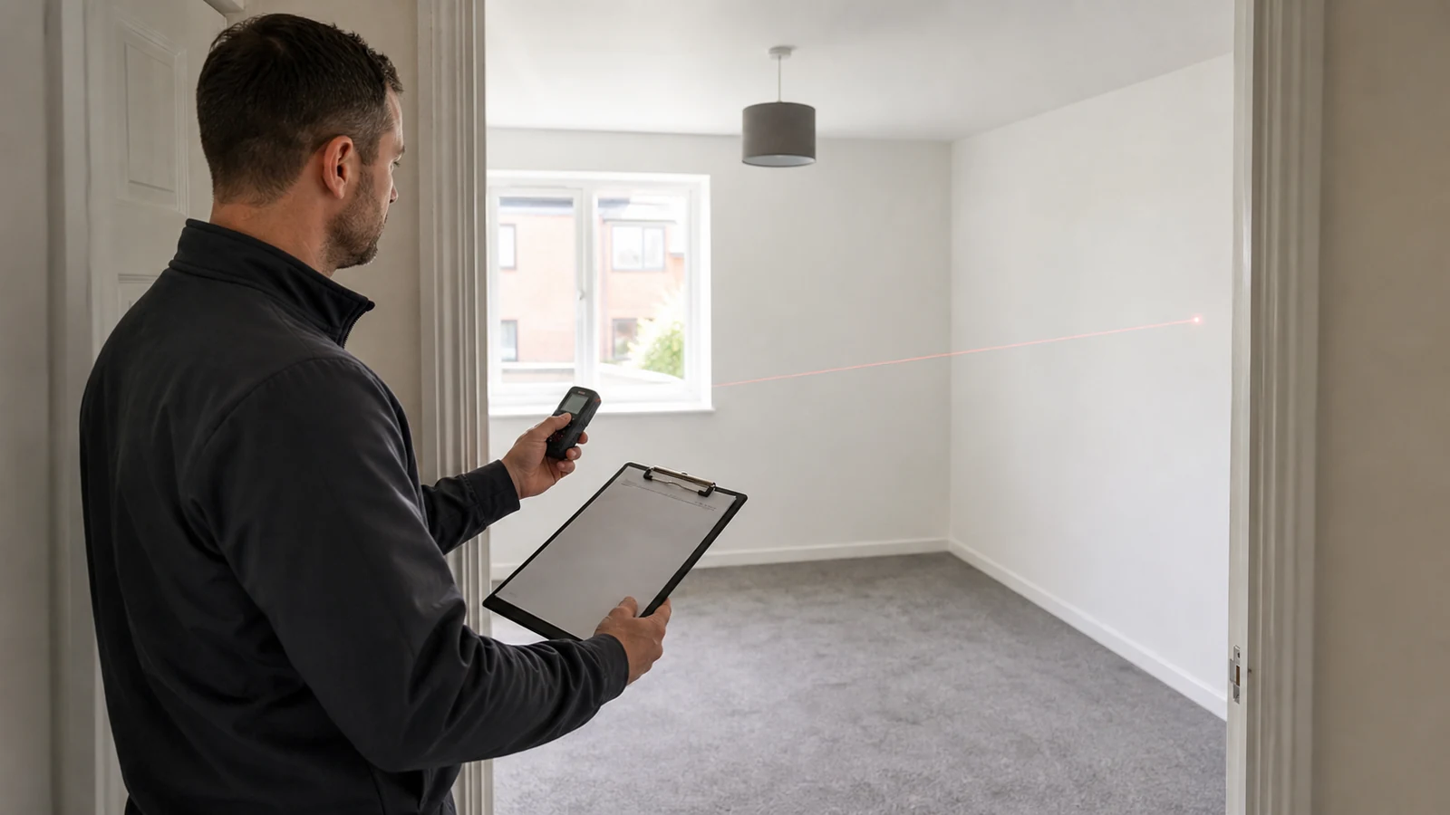 Property surveyor recording room dimensions with a handheld laser measure in a UK flat
